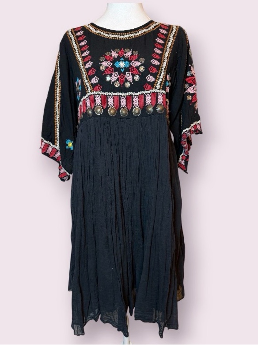 Nina Kaufmann Black Embroidered Embellished Bohemian Dress Medium